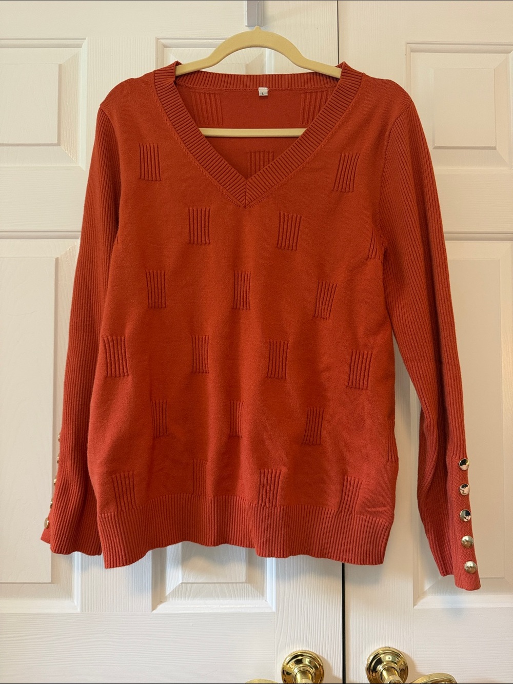 Classic V-Neck Textured Sweater in Rust with Button-Trim Sleeves